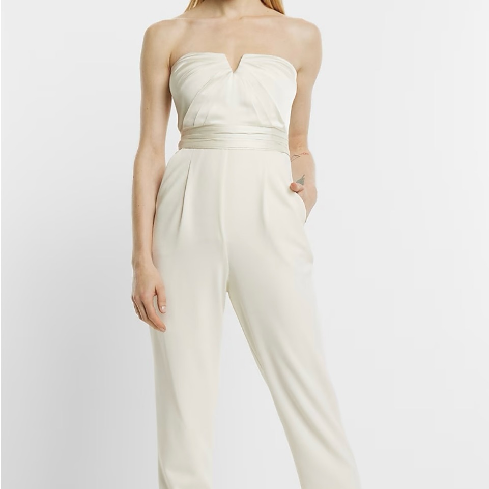 Express Cream Strapless Pleated Jumpsuit